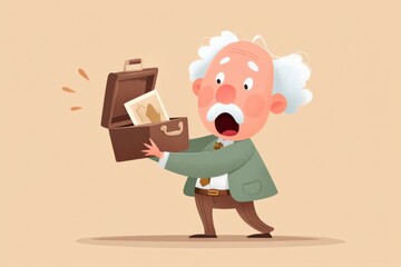 Surprised elderly man finds old memory box with photographs on solid beige background