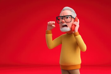 Middle aged man argues passionately on the phone against a vivid red backdrop