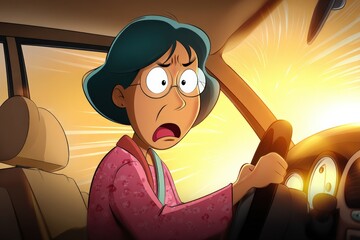 Middle aged woman feeling frustrated while driving in traffic during warm daylight hours