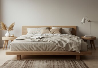 Serene Bedroom Setting with Neutral Tones and Minimalist Design Elements