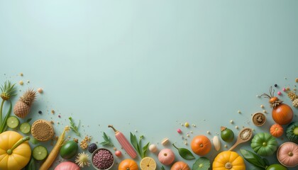 an array of fresh fruits and vegetables arranged in a colorful display across a horizontal surface