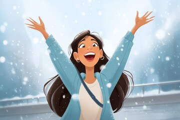 Young Latina woman joyfully experiences snow for the first time in a whimsical cartoon setting