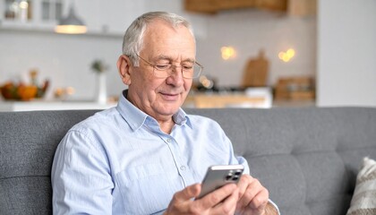 Elderly Man using a Smartphone - Elders using Technology - Adapting to Advanced Society - Old Man texting, chatting, calling, surfing - Senior using a mobile phone or cellphone at Home