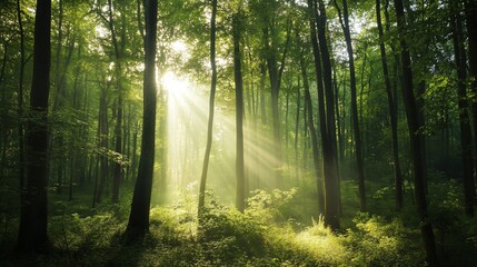 Obraz premium Sunlight Filters Through Tall Trees in a Verdant Forest Scene at Dawn