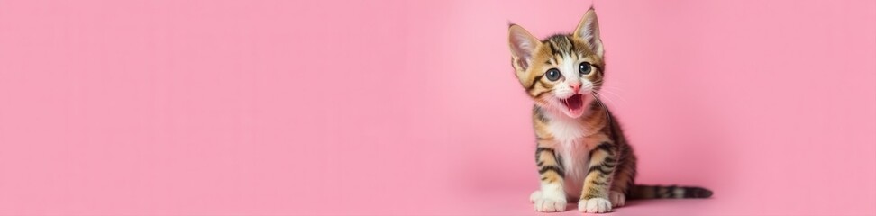 Sweet tabby kitten, pink background, open mouth, curious gaze, lovely, young, curious