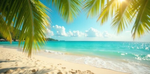 Fototapeta premium Sun-drenched beach, blurred palm leaves, golden sand, turquoise water , sand, background, getaway