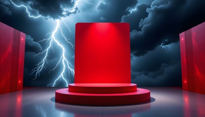 Obraz premium an empty, crimson lacquered podium mockup, flanking a blank cosmetic advertisement stand, looms under a stormy, hyperreal flash of lightning, positioned ethereally in the upper frame