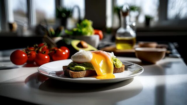 Avocado toast with fried egg, creamy yolk melting in slow motion on white ceramic plate. A classic culinary scene with tomatoes and bottle of olive oil in the background