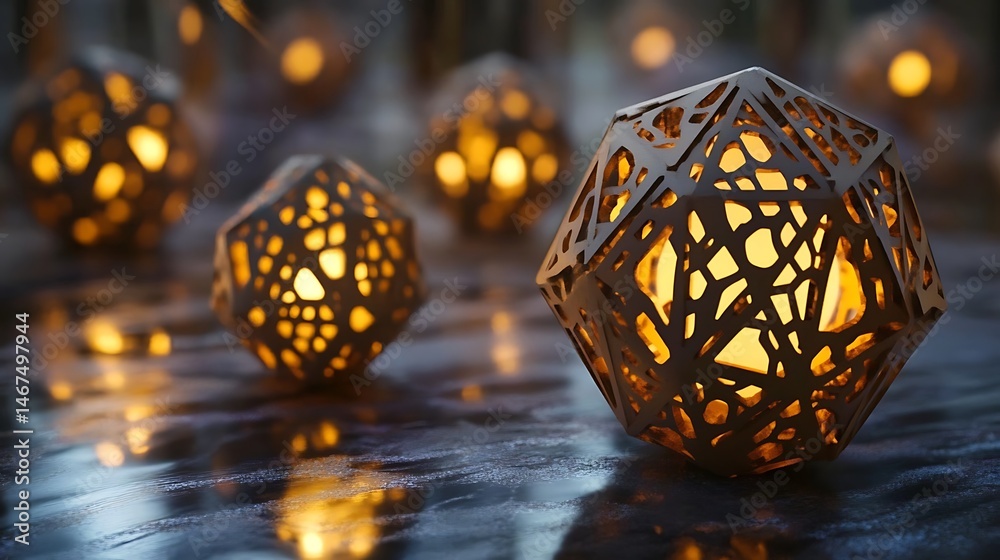 Poster geometric illuminations: a cluster of intricately designed light forms creating luminescence
