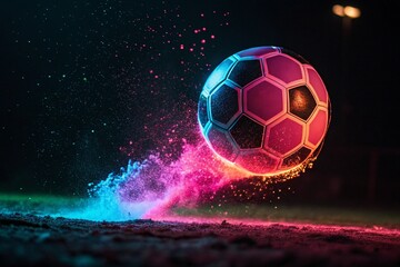 Dynamic soccer ball in vibrant neon light - generated by ai