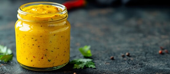 Homemade honey mustard salad dressing in a jar, creatively presented with a banner and copyspace for added design flexibility