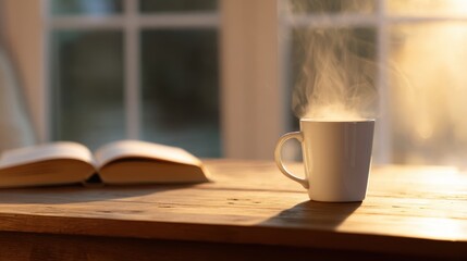 A steaming cup of coffee sits on a wooden table beside an open book in a cozy, sunlit room