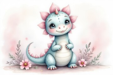 Cute baby Stegosaurus with flowers