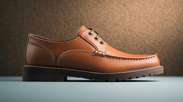 A single brown leather shoe sits against a textured brown and blue background.