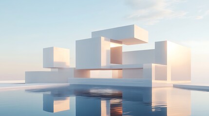 Abstract architectural structure reflection on water under soft light pastel skies