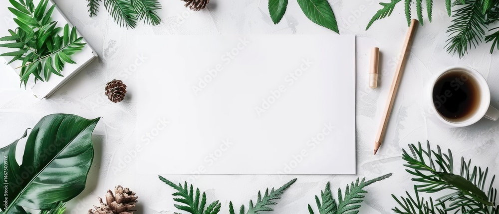 Fototapete flat lay composition of notebook, coffee, and green tropical leaves on a minimal background. creativ