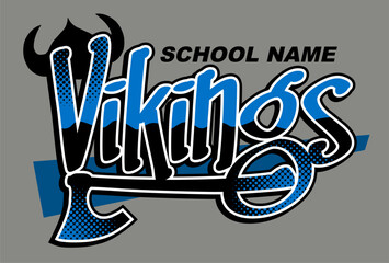 vikings team design with battle axe and horned helmet for school, college or league sports
