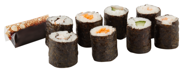 Sushi rice balls wrapped in seaweed cut out isolated transparent background