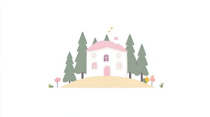 Fototapeta premium Charming Pixel Art Home Sweet Home Dreamy Cottage with Pine Trees Serene Landscape Whimsical Retreat Digital Illustration