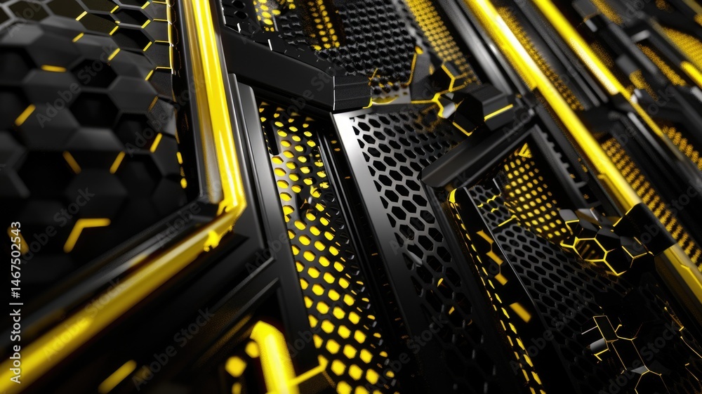 Poster abstract of gold light mix with black color futuristic circuit theme. electrical glowing particle co