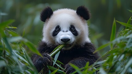 Obraz premium Panda enjoying a bamboo snack in its natural forest habitat
