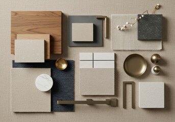 Sophisticated interior design mood board showcasing a curated selection of materials