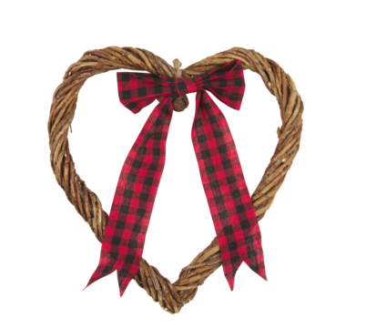 Heart wreath decorated with red bow, plaid pattern, hanging for Christmas cut out isolated transparent background