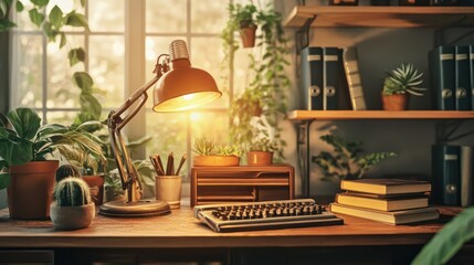 Cozy home office desk with plants and books, ideal for remote work or study