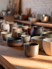 A collection of handcrafted pottery bowls displayed on a wooden table in a sunlit studio