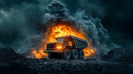 A massive explosion and fire engulfs a heavy industrial dump truck in a night time industrial setting with dark clouds of smoke billowing into the sky