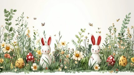 Easter Bunny in Bloom: A cheerful display of Easter bunnies amidst vibrant flowers and colored eggs, a whimsical illustration that captures the joy and renewal of springtime.