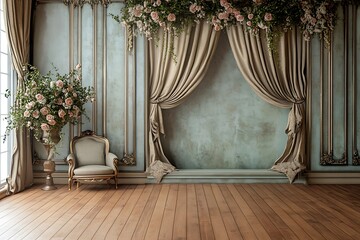Elegant antique room with beige curtains floral arrangements and a soft toned wood floor perfect for romantic settings