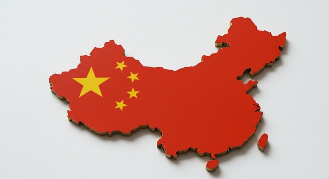 3D map of China filled with national flag design on white background, symbolizing Chinese identity, geography, and patriotism, ideal for educational and political content.

