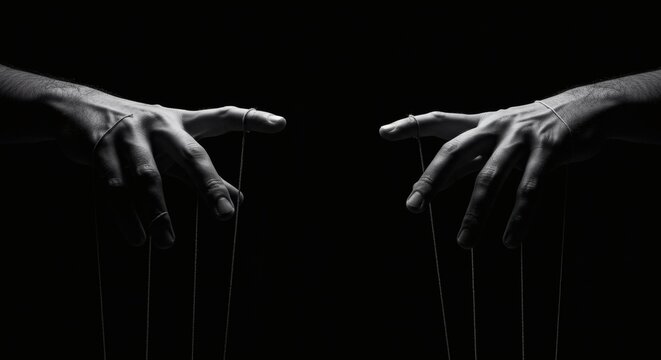 AI image of two hands in monochrome, dramatically lit, each controlling puppet strings against a stark black background, symbolizing manipulation.