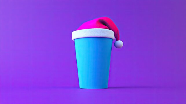 Blue Cup with Santa Hat on Purple Background