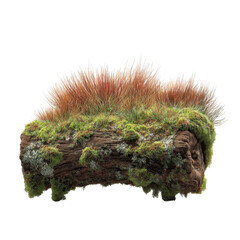 Mossy Log with Red-Tinted Grass, Isolated on White Transparent background