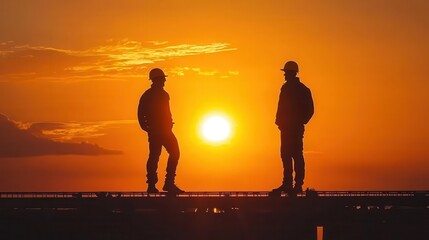 Fototapeta premium Silhouette of construction workers against stunning sunset with bright sun disk
