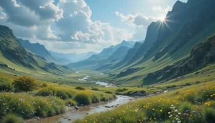 Naklejka premium Verdant valley embraced by the mountains
