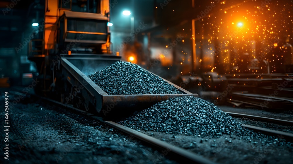 Poster automated industrial and equipment working in a high tech factory that processes and smelts ore with