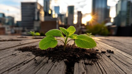 Rewilding nature concept. A small green plant grows from soil on a wooden surface with city skyscrapers and a sunrise in the background.
