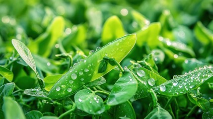 Naklejka premium Dew-Kissed Pea Plant: A Symphony of Green