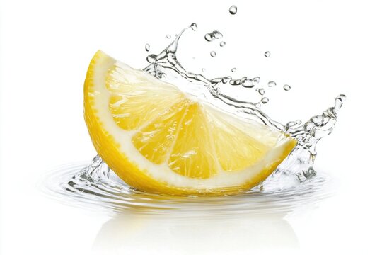 Lemon slice splashing into water with droplets creating refreshing look. Citrus fruit concept for drink, healthy lifestyle, freshness and summer ingredient
