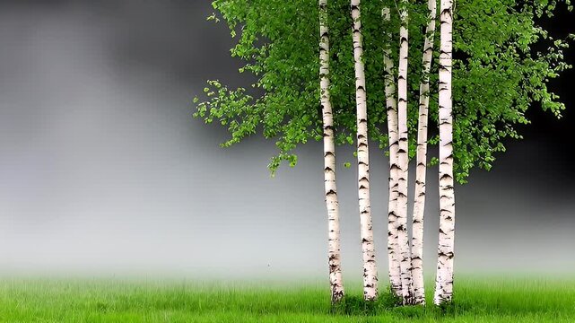 Five Birch Trees in a Misty Green Field