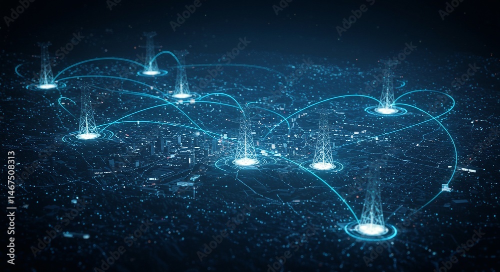 Wall mural an abstract city map with glowing towers connected by lines, symbolizing communication networks and 
