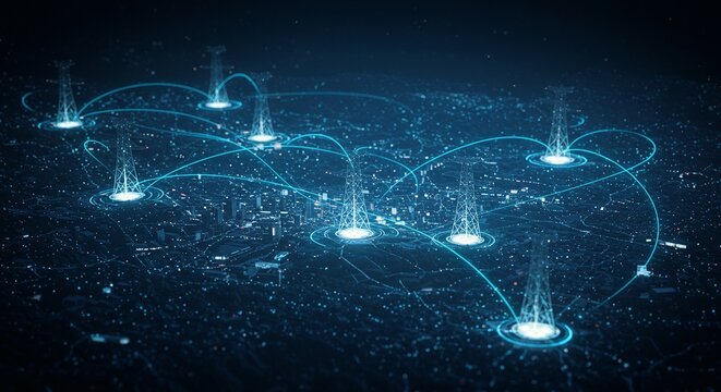 An abstract city map with glowing towers connected by lines, symbolizing communication networks and technological infrastructure.