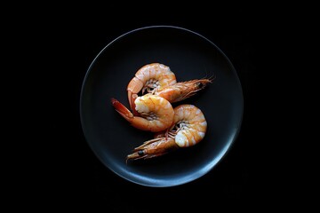 Three cooked prawns arranged on a dark plate