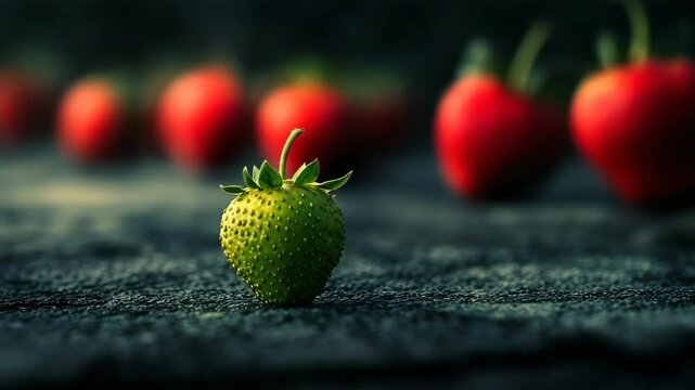 Close-up of green unripe and red ripe strawberries on farm. Strawberry stages show natural growth, Italian agriculture, and organic berry production in rural strawberry fields.
