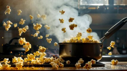 Fresh popcorn pops vigorously in a pan, creating a delightful culinary spectacle in the kitchen. - Powered by Adobe
