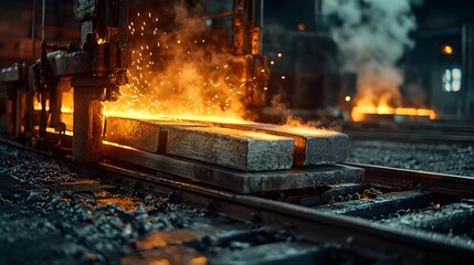 An industrial scene depicting the casting of molten steel into rectangular blocks with the intense heat generating glowing orange light steam