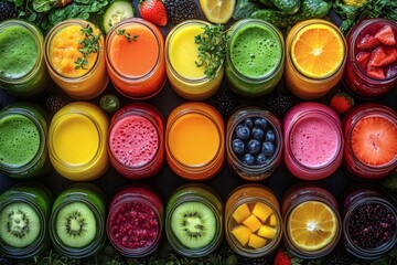 Assorted fresh pressed fruit juices served in transparent plastic bottles arranged in circle pattern on wooden table photographed from above in daylight showcasing natural vitamin rich hydration,
